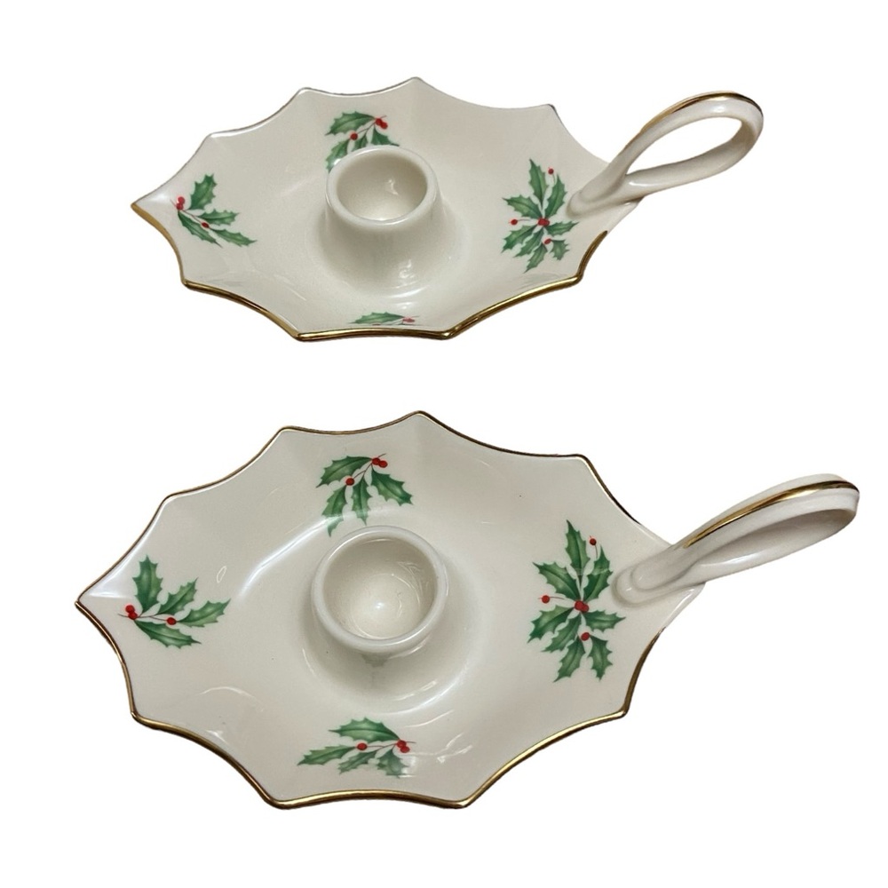 Pair Lenox Holiday Dimension Collection Leaf Shape Holly Berries Candle Sticks